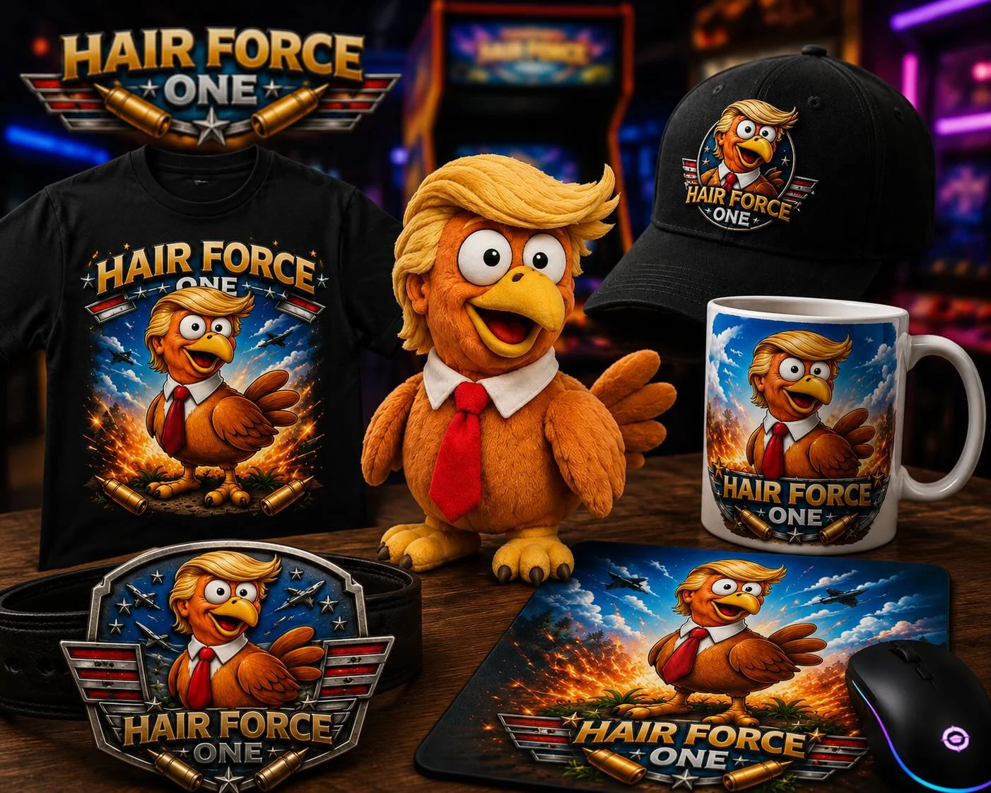Hair Force One merchandise concept with plush bird, shirt, cap, mug, belt buckle and mousepad